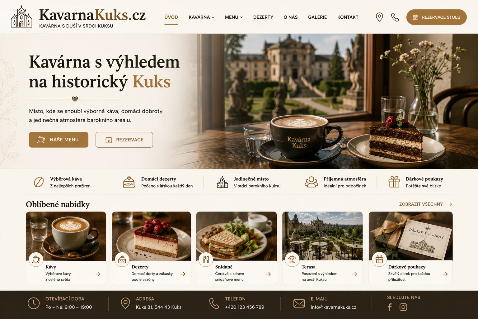 Ilustrační návrh možného webu KavarnaKuks.cz pro kavárnu, místní setkávání a gastronomii v Kuksu